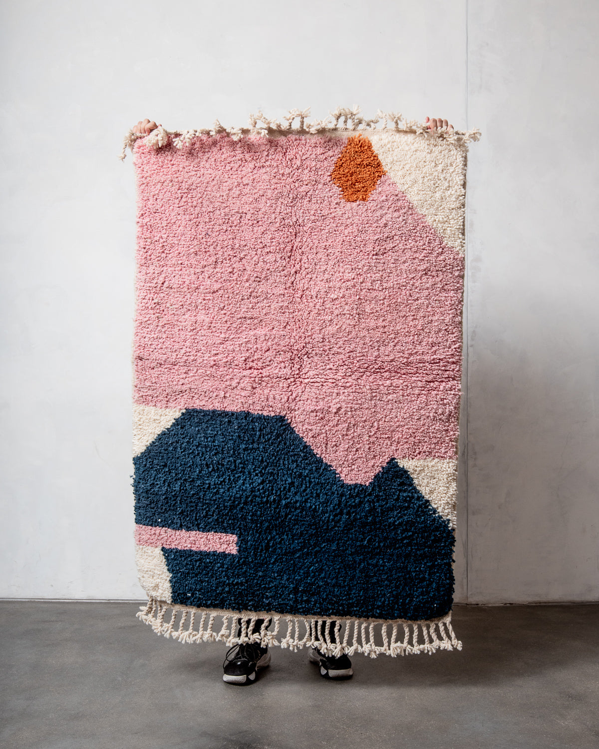 Modern, designer, handcrafted Berber rug from Morocco. Beniourain carpet with beautiful colours and patterns and fluffy wool texture.